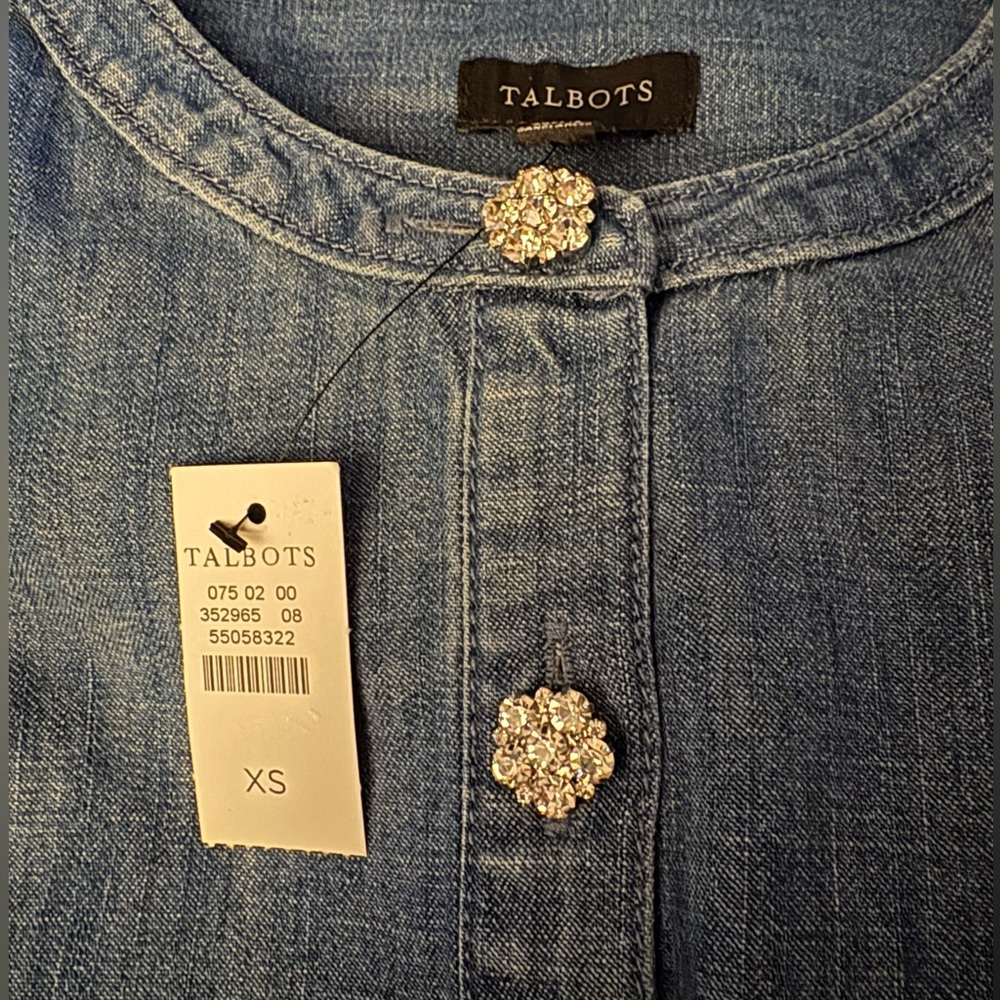 Talbots Denim Popover Top with Rhinestone Buttons
